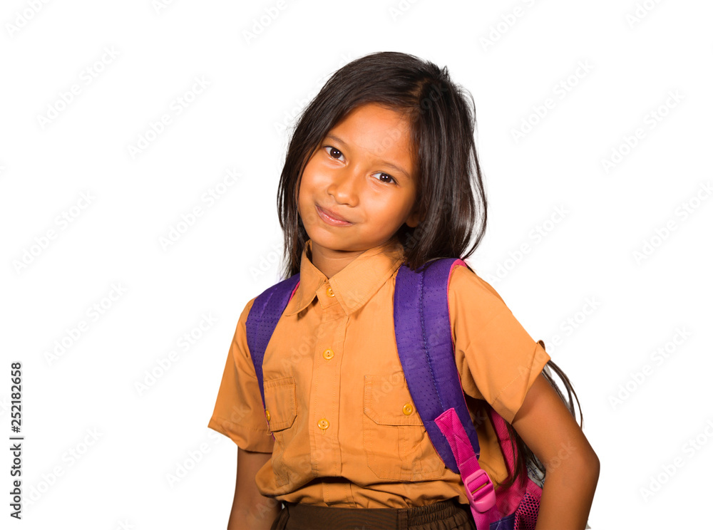 portrait of beautiful happy and excited female child in school uniform carrying student bag smiling cheerful isolated on white background in back to school concept portrait of beautiful happy and excited female child in school uniform carrying student bag smiling cheerful isolated on white background in back to school concept