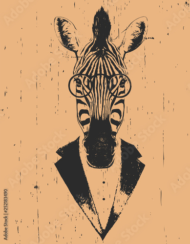 Portrait of Zebra in suit. Hand drawn illustration. Vector
