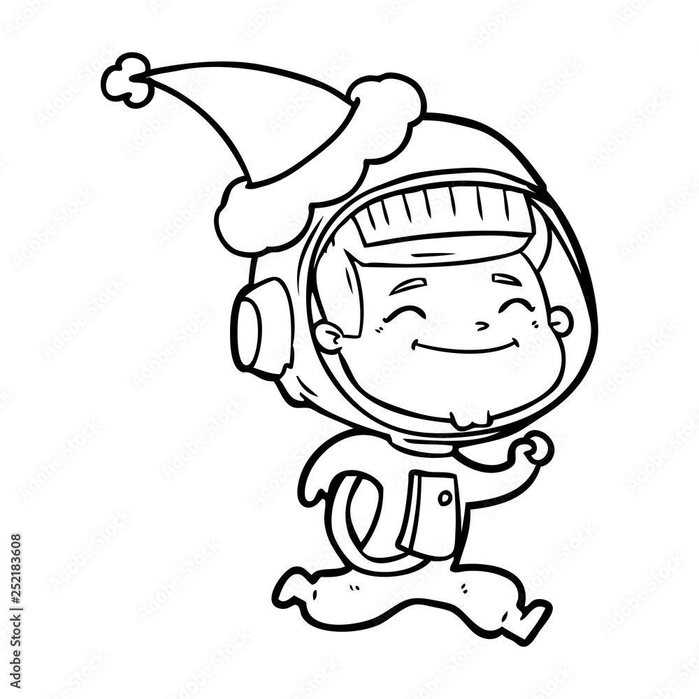 happy line drawing of a astronaut wearing santa hat