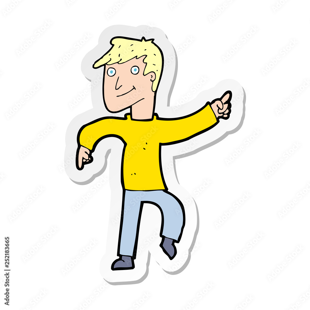 sticker of a cartoon happy man pointing sticker of a cartoon happy man pointing