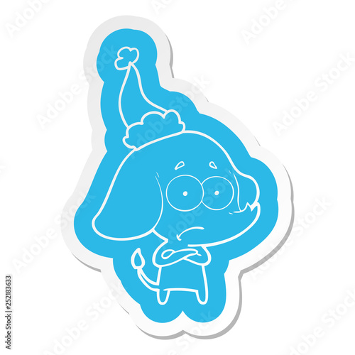cartoon  sticker of a unsure elephant wearing santa hat