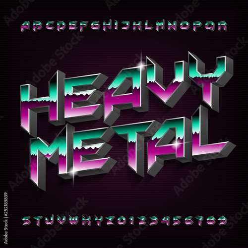 3D Hard rock alphabet font. Metal effect colorful letters and numbers. Stock vector typeface for your design.