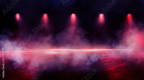 Empty scene background with spotlights and neon lights. Night view, abstract light, smoke.