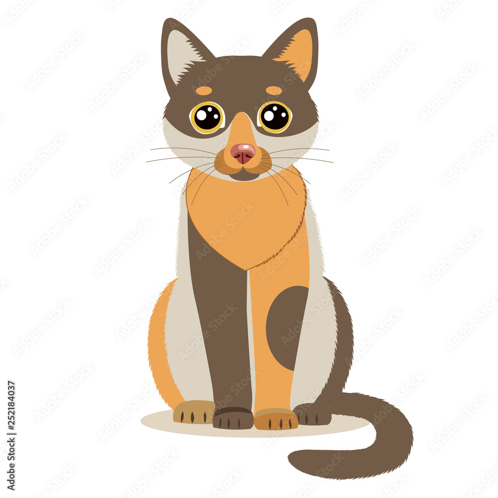 Cute Color Cartoon Cat Sitting In Front. Isolated On White Background.  Sitting Cute Cat Flat Vector Illustration. Funny Character Mascot. Stock  Vector | Adobe Stock