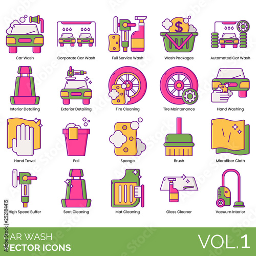 Car wash icons including corporate, full service, packages, automated, interior detailing, exterior, tire cleaning, maintenance, hand towel, pail, sponge, brush, microfiber cloth, high speed buffer.