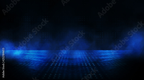 Empty scene background with spotlights and neon lights. Night view, abstract light, smoke.