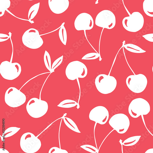 Whimsical hand-drawn doodle cherries silhouettes vector seamless pattern background. Monochrome Summer Fruits