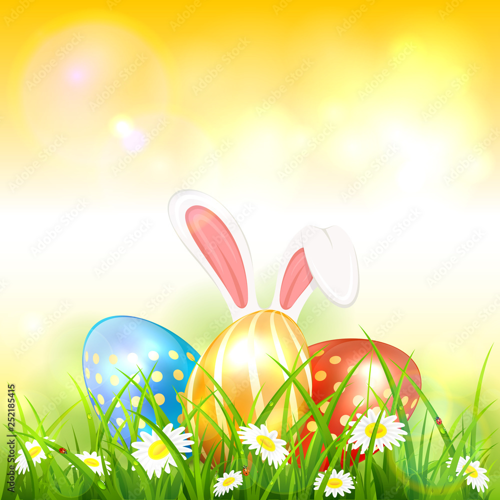 Orange Easter Background with Eggs in Grass and Rabbit