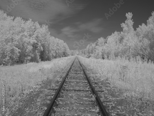 Infra red photography IR photo Old narrow gauge railway. Summer. Ural, Sverdlovsk region