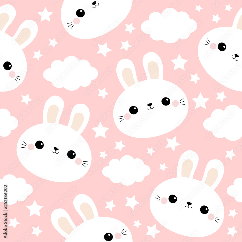 White rabbit bunny face. Seamless Pattern. Cloud in the sky. Cute cartoon  kawaii funny smiling baby character. Wrapping paper, textile template.  Nursery decoration. Pink background. Flat design Stock Vector | Adobe Stock