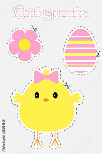 Easter egg, chick and flower in cartoon style, cutting practice, education game for the development of preschool children, use scissors, cut the images, vector illustration