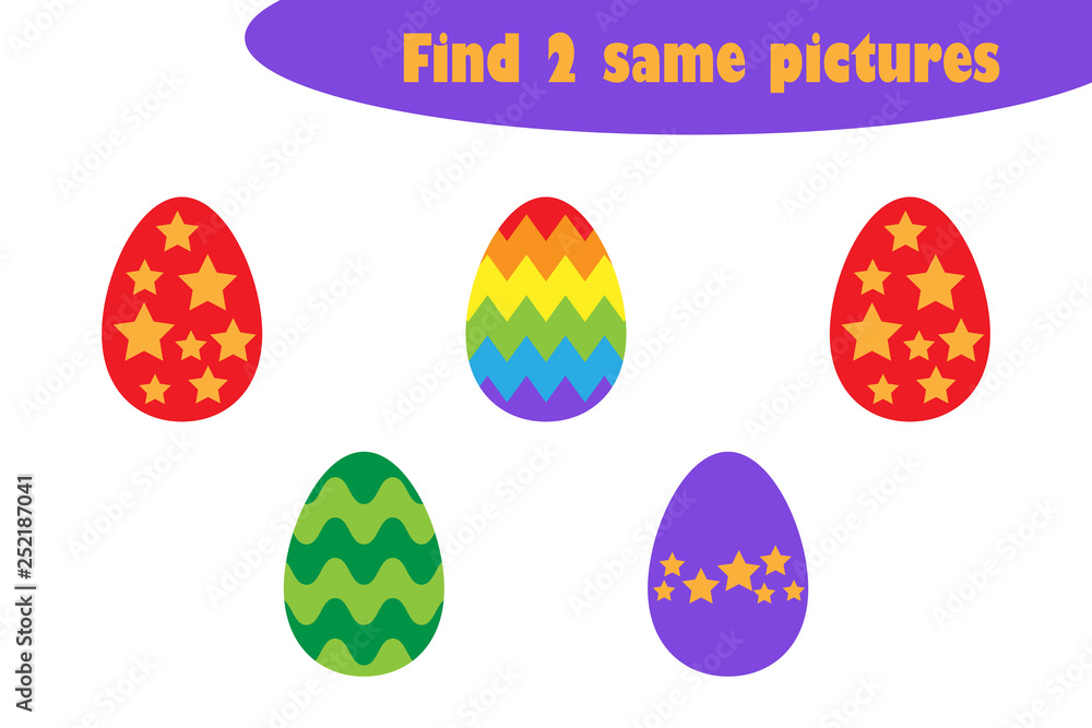 Find two identical pictures, easter fun education game with eggs for children, preschool worksheet activity for kids, task for the development of logical thinking, vector illustration Find two identical pictures, easter fun education game with eggs for children, preschool worksheet activity for kids, task for the development of logical thinking, vector illustration