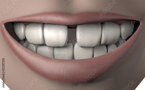 3d illustration of woman mouth full of strong white teeth with gap malocclusion smile photo
