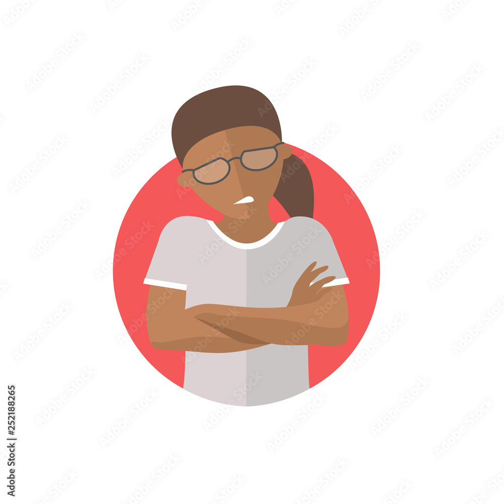 Painful expression, black girl in pain, flat design isolated icon