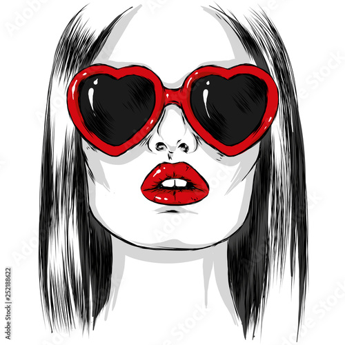Beautiful girl with glasses in the shape of a heart. Vector illustration for otkirtki or poster. Fashion & Style. - Векторная графика