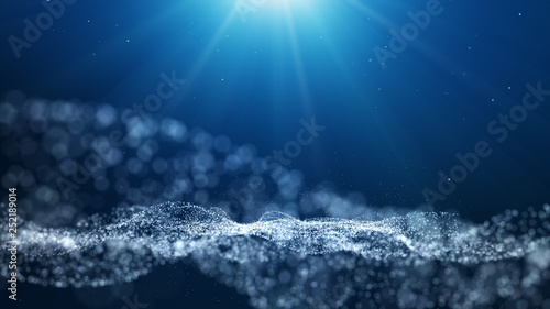 Blue digital abstract background with wave particles, glow sparkles and space with depth of field. Particles form lines, surface and grid. © kokotewan