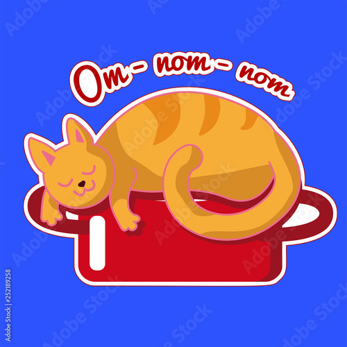Ginger cat is sleeping on a red saucepan. Vector sticker with a funny animal. Illustration with dreaming about tasty food kitten. Card for Cat Day or Hugging Day