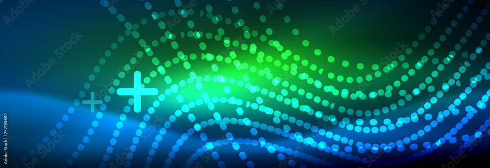 Obraz premium Glowing abstract wave on dark, shiny motion, magic space light. Vector techno abstract background