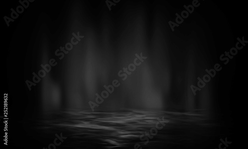 Empty black scene with shine and highlights of light reflected on water. Product showcase spotlight background. Clean photographer studio. Black abstract background. © MiaStendal