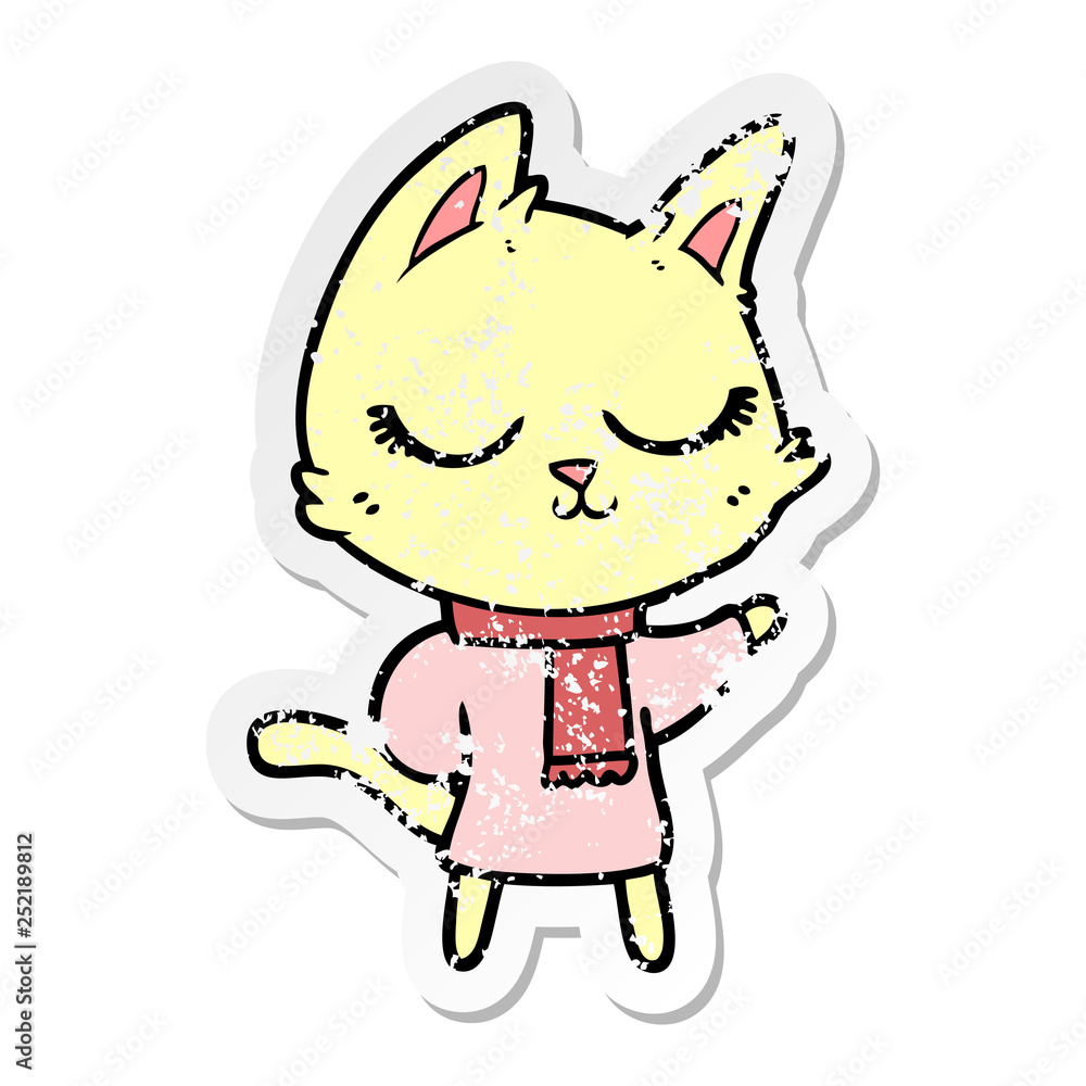 distressed sticker of a calm cartoon cat wearing scarf distressed sticker of a calm cartoon cat wearing scarf