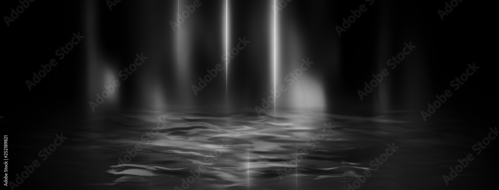 Empty black scene with shine and highlights of light reflected on water. Product showcase spotlight background. Clean photographer studio. Black abstract background. Empty black scene with shine and highlights of light reflected on water. Product showcase spotlight background. Clean photographer studio. Black abstract background.
