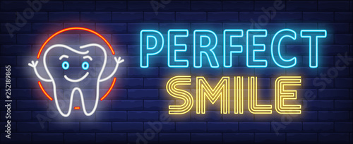 Perfect smile neon text with happy tooth cartoon character