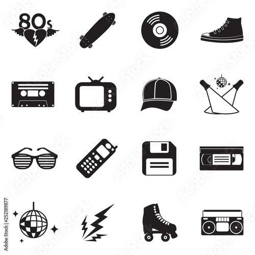80's Vintage And Retro Icons. Black Flat Design. Vector Illustration. 