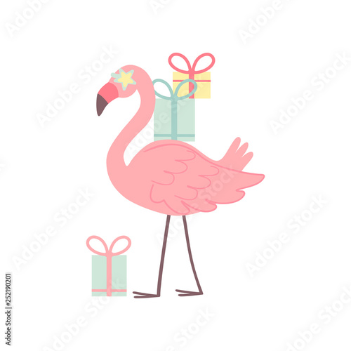 Cute Flamingo with Gift Boxes, Beautiful Exotic Bird Character Vector Illustration © topvectors