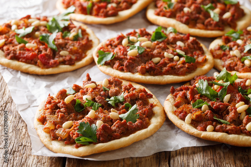 Lebanese Arab pizza with meat, tomatoes, spices and pine nuts closeup. horizontal photo