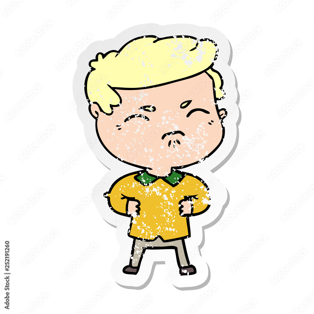 distressed sticker of a cartoon annoyed man distressed sticker of a cartoon annoyed man
