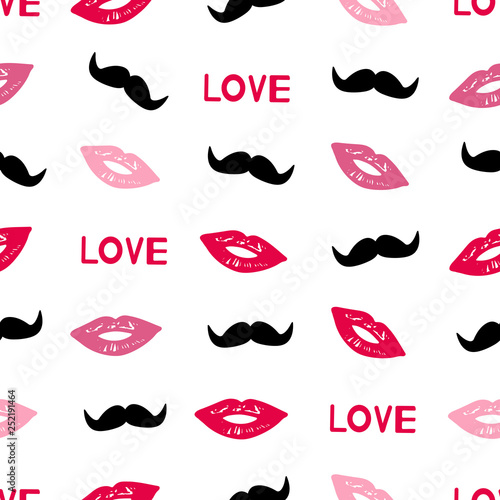 Seamless pattern with colorful lips, words Love and mustache.