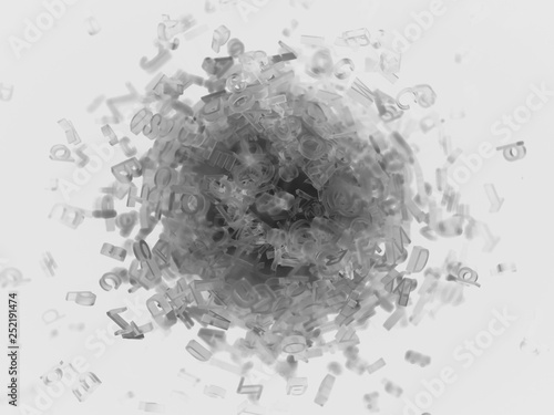 Chaotic cluster of letters around the sphere 3D illustration