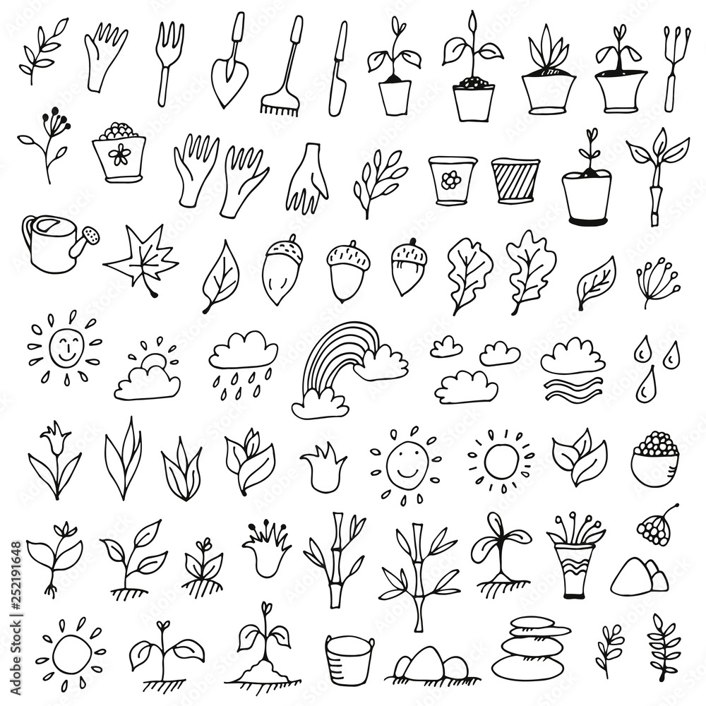 Nature set, hand drawn doodle collection of nature signs Stock Vector Adobe