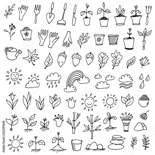 Nature icons set  hand drawn doodle collection of nature signs