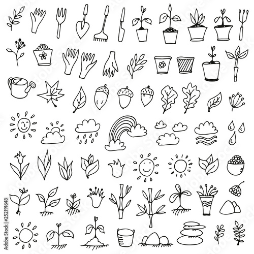 Nature icons set, hand drawn doodle collection of nature signs