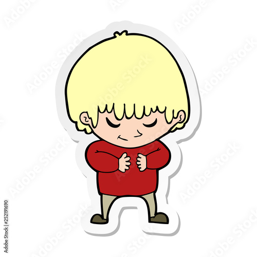 sticker of a cartoon shy boy