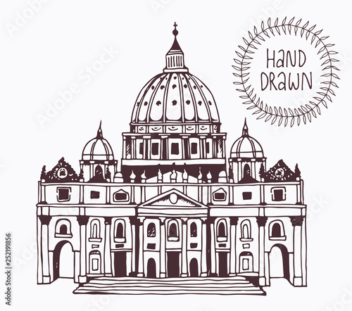Hand drawn St. Peter's Basilica, Vatican, Rome, Italy