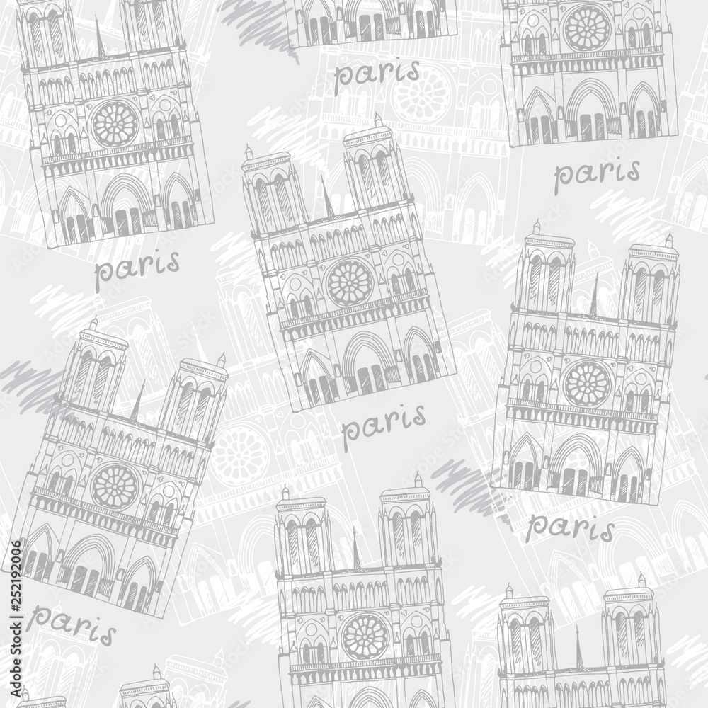 Seamless pattern with hand drawn Notre Dame de Paris Cathedral, France.