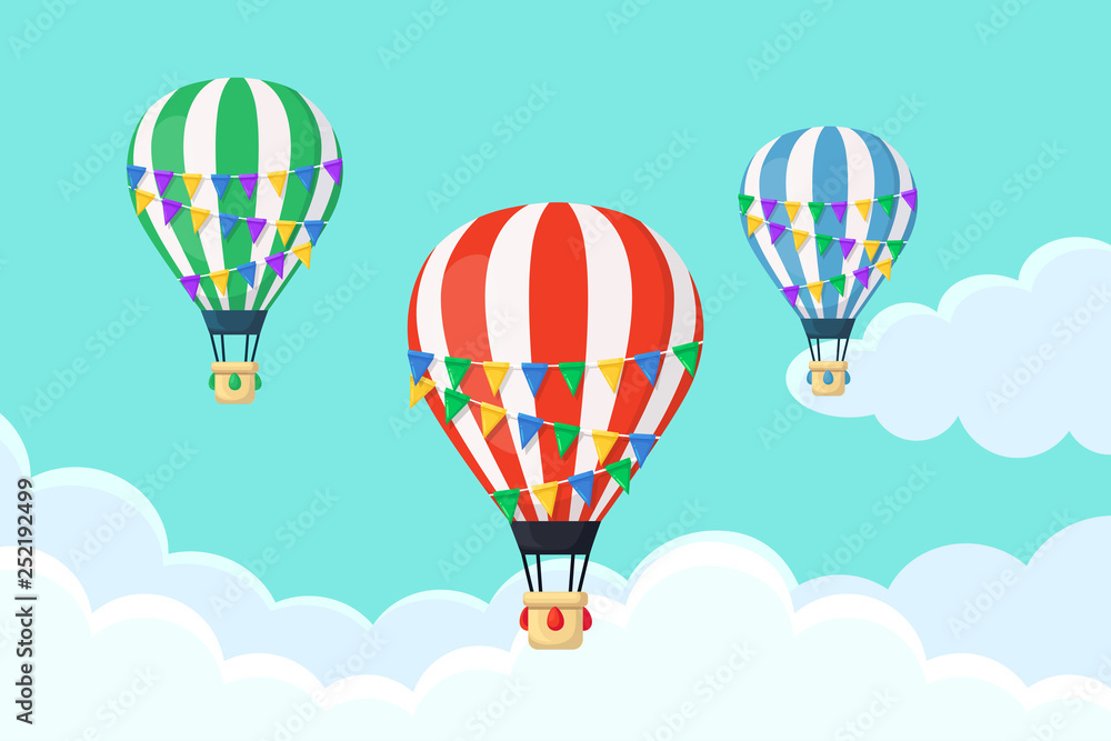 Obraz premium Hot air balloon in the sky with clouds. Flat cartoon design. Vector illustration