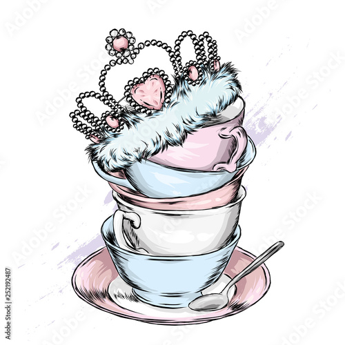 Beautiful vintage cups, saucers and crown. Vector illustration for postcard or poster, print for clothes. Tea or coffee. China. 