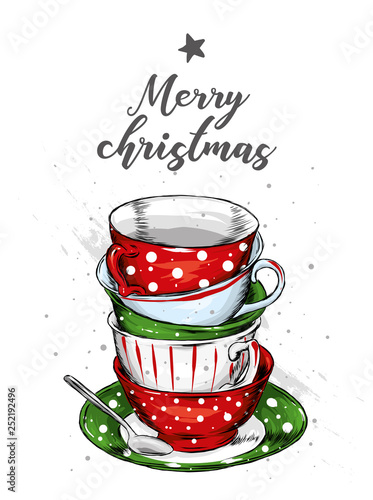 Set of vintage cups. Tea and coffee. Vector illustration for greeting card or poster. New Year's and Christmas. Winter holidays. 