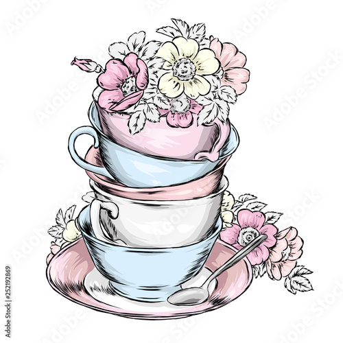 Beautiful vintage cups and saucers with a bouquet of wild rose. Vector illustration for postcard or poster, print for clothes. Tea or coffee. China.