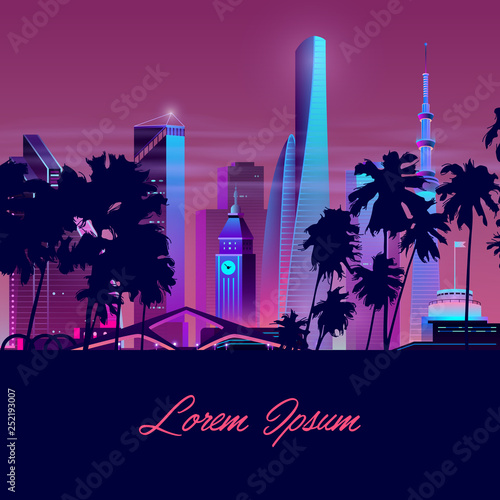 Vector template with dark palms and night city in neon, ultraviolet colors. Bright tower with clock, tall multistorey building, new architecture background. Skyscrapers with trees, urban concept.