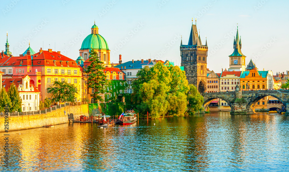 Charles Bridge and architecture of the old town in Prague, Czech republic. Vltava river. Landmarks of the Prague. Old town in Prague.