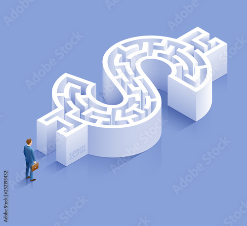 Business solution conceptual design. Businessman standing at labyrinth vector illustration.