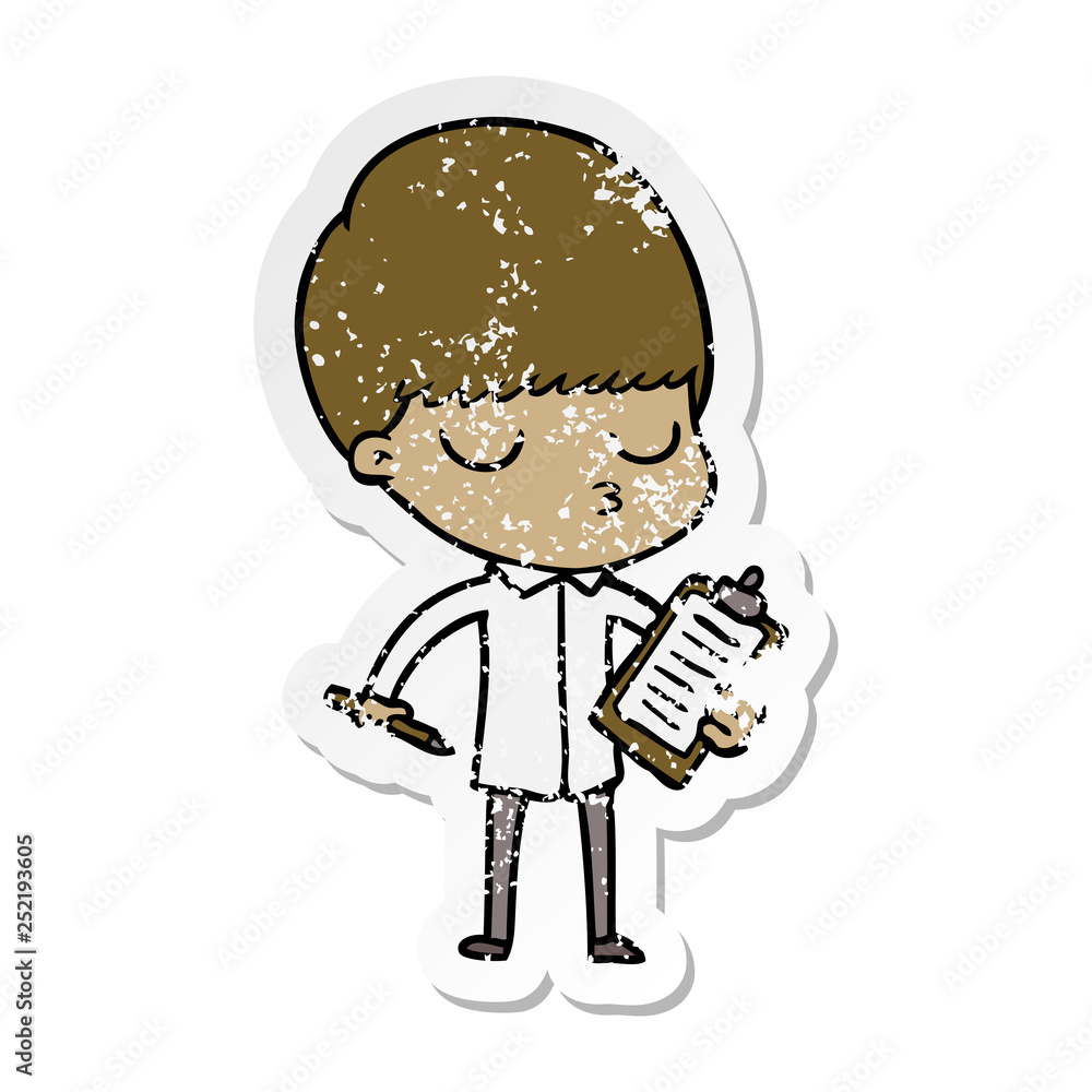 distressed sticker of a cartoon calm boy distressed sticker of a cartoon calm boy