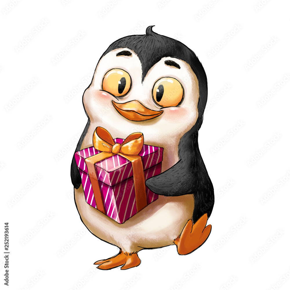 Penguin with Gift Box. Animal Character Design. Children Book Design.  Concept Art. Realistic Illustration. Video Game Digital CG Artwork. Stock  Illustration | Adobe Stock