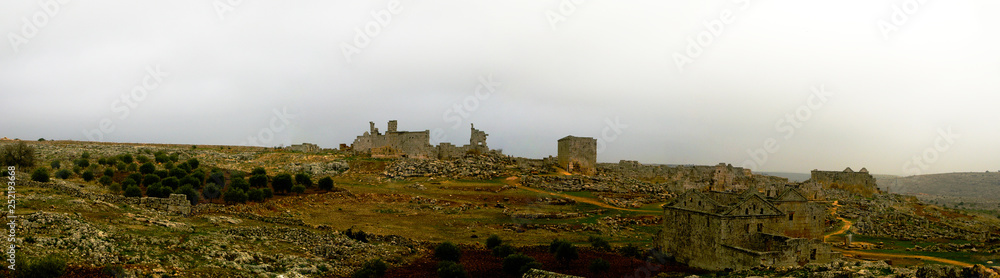 Panorama of ruined abandoned dead city Serjilla in Syria