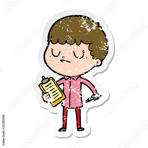 distressed sticker of a cartoon grumpy boy