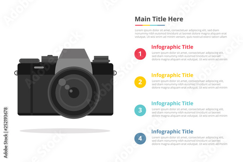 mirrorless camera infographic template with 4 points of free space text description - vector illustration